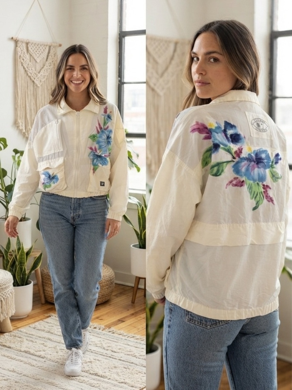 Vintage 80s Starbus Painted Floral Supplex Nylon Light Zip Jacket M Hibiscus